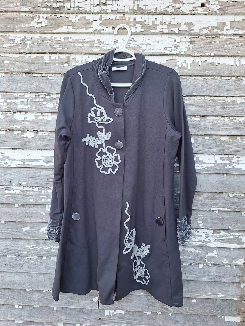 Inside Out Women’s Dark Gray Embroidered Long Coat Jacket Size XL